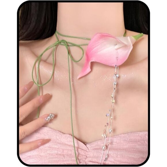 Jewelry - Flower Necklace Women Calla Lily Pearl Tassel Adjustable Ribbon Jewelry